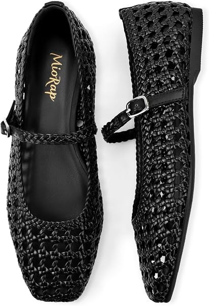Woven Ballet Flats Shoes for Women Square Toe Mesh Mary Jane Flat with Adjustable Strap, Dressy, Comfortable and Cute Ballerina | Amazon (US)