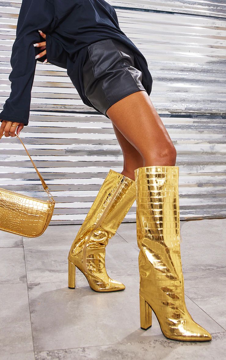 Gold Wide Fit High Heel Knee Boots | Footwear | PrettyLittleThing US