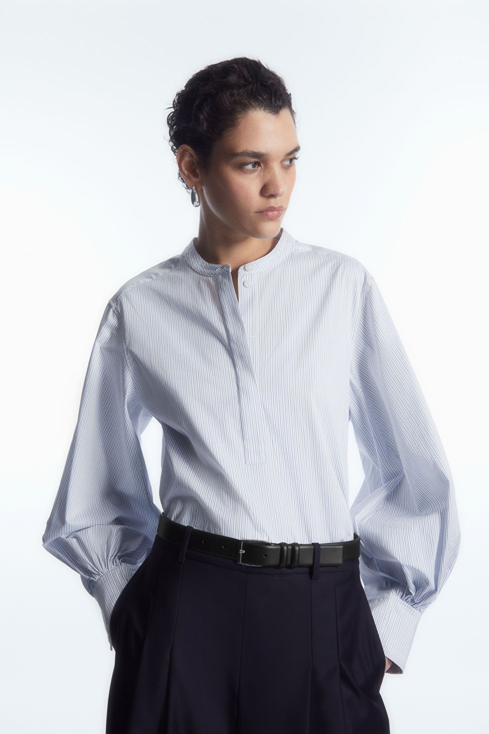 GATHERED GRANDAD-COLLAR BLOUSE - WHITE / BLUE / STRIPED - COS | COS UK