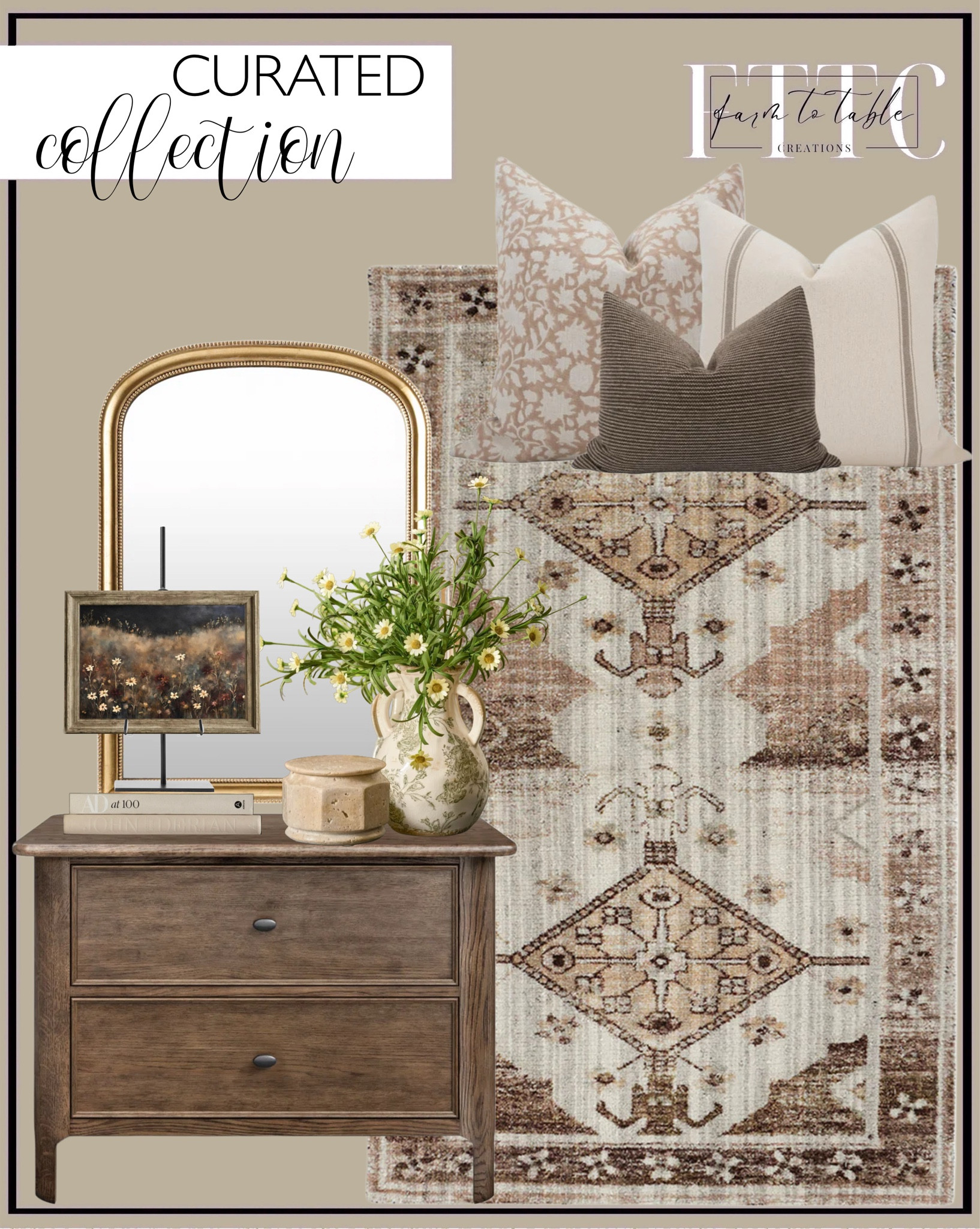 Curated Collection.  Follow @farmtotablecreations on Instagram for more inspiration.

Alma 36'' W Solid Wood Nightstand. Conway Handwoven Wool Rug. Green and White Distressed Vase with Handle. Travertine Canister. Set of 10 Artificial Daisy Flower Stems. Metal Easel. Claritha Mirror. Neutral Pillow Combo. Printable Wildflower Field Landscape Vintage Painting | Dark Muted Wildflower Wall Art. 

Console Table | Dining Room | Dining Room Artwork | Bathroom Finds | Bedroom Finds | Bedroom Furniture | nightstands | Home Decor| Fireplace Decor | Spring Refresh |  Bedroom Finds | Neutral Stems | Spring Stems | Bookshelf Decor | Bedroom Space | Cozy  Corner | Bathroom | Curated Entryway | Spring  Decor | End of Year Clearance | Trending Decor | Viral Decor  | Coffee Table Decor | Neutral Decor | Fall Stem Sale | Target Finds | Skinny Bench | Bedroom | Living Room | Breakfast Nook | Amazon Home | Target Sale | Loloi Rugs | Magnolia Home | console table | console table styling | faux stems | entryway space | front porch decor | neutral decor | entryway decor | cozy home | affordable decor |  home decor | home inspiration | console styling | entryway rug | cozy moody home | moody home decor | neutral home | bathroom decor | living room | spring decor | Hearth & Hand | Studio McGee | 2025 Home Trends | trending home | Crate&Barrel 




#LTKHome #LTKSaleAlert #LTKFindsUnder50