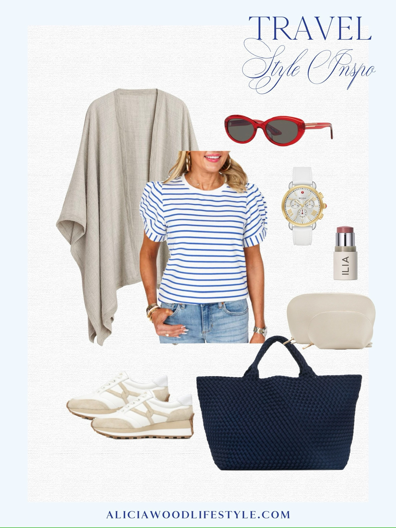 Summer travel is upon us and this is the perfect outfit to travel in and still look cute!  

Striped tee
Denim 
Veronica beard sneakers
Cardigan wrap 
Red sunglasses 
Sport watch
Lipstick
Naghedi tote
Makeup case 

#LTKOver40 #LTKTravel #LTKStyleTip