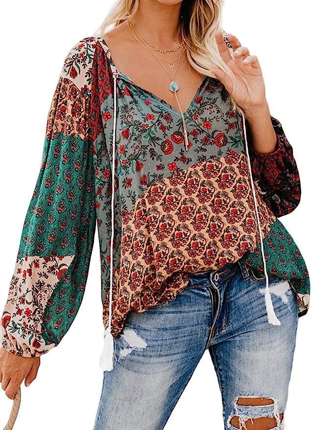 Eytino Women Casual Boho Floral Print V Neck Long Sleeve Drawstring Blouse Tops(Many Colors,S-XXL... | Amazon (US)