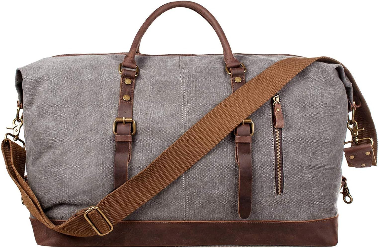 S-ZONE Oversized Canvas Genuine Leather Trim Travel Tote Duffel Shoulder Weekend Bag Weekender Ov... | Amazon (US)