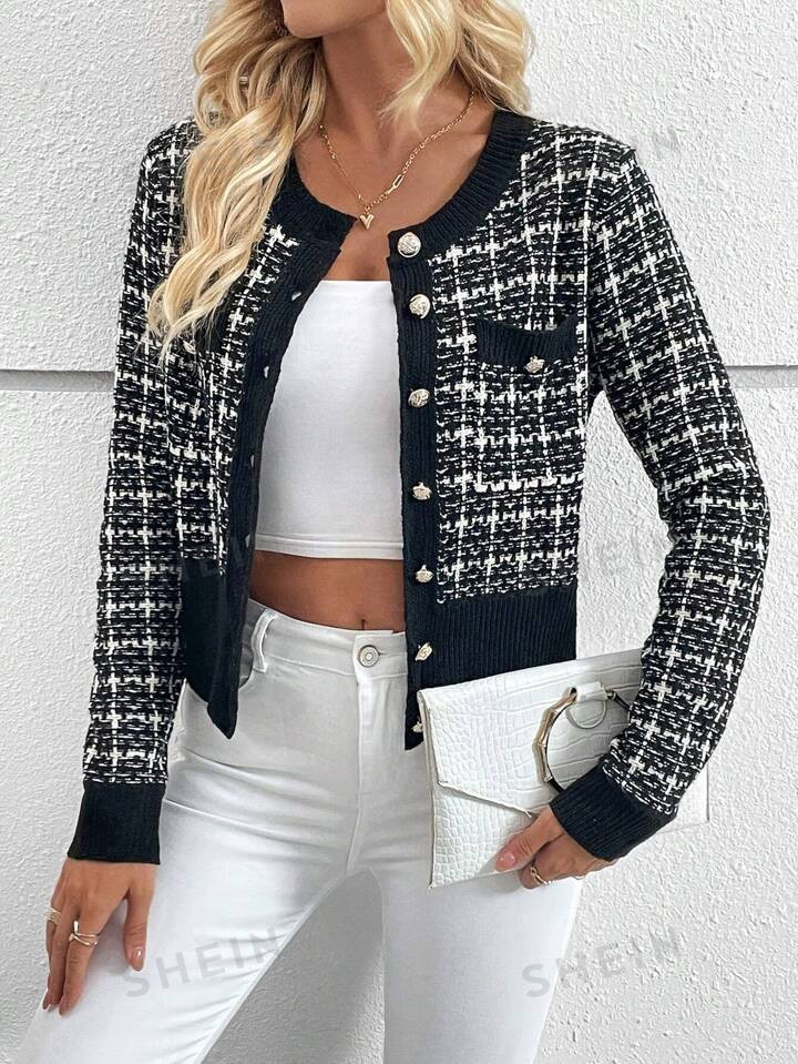 SHEIN Essnce Plaid Pattern Button Front Cardigan | SHEIN