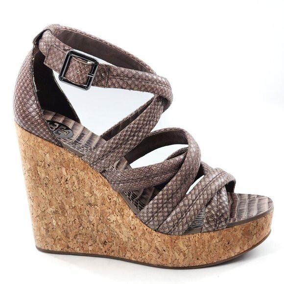 TORY BURCH Taupe Python Embossed Leather Cork Wedge Strappy Sandals | Poshmark