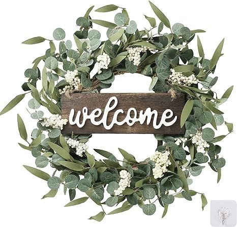 Sggvecsy Green Eucalyptus Wreath with Welcome Sign 20in Artificial Eucalyptus Wreath Spring Summe... | Amazon (US)