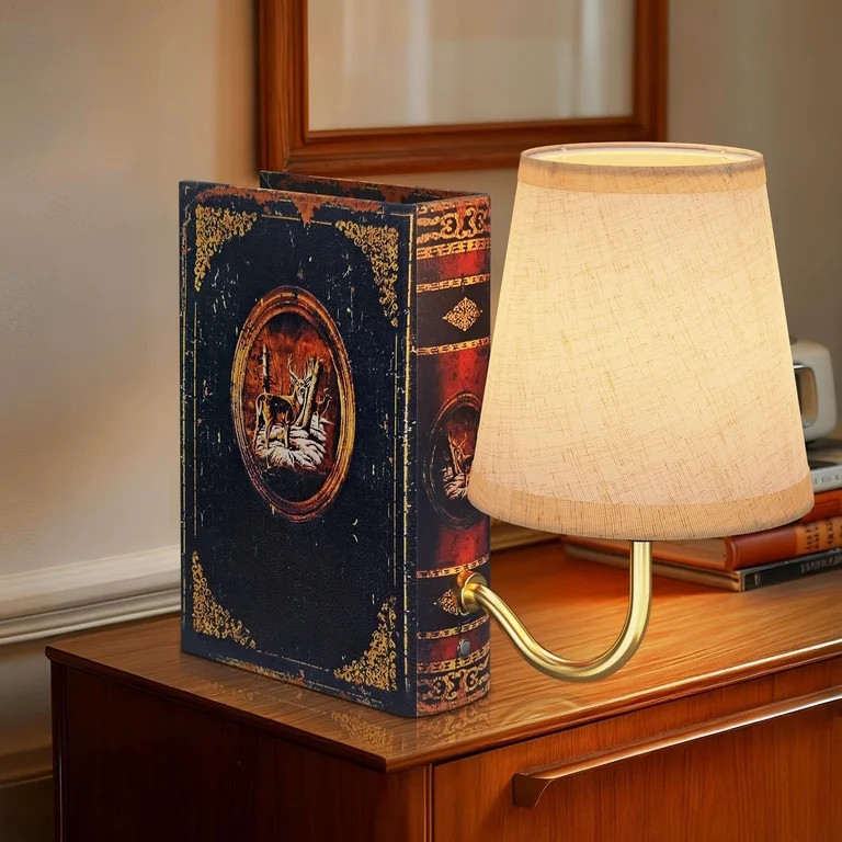 Gold Warm Light Vintage Bookshelf Lamp Rechargeable, Cordless Bookcase Lamp with Linen Shade, Dim... | Walmart (US)