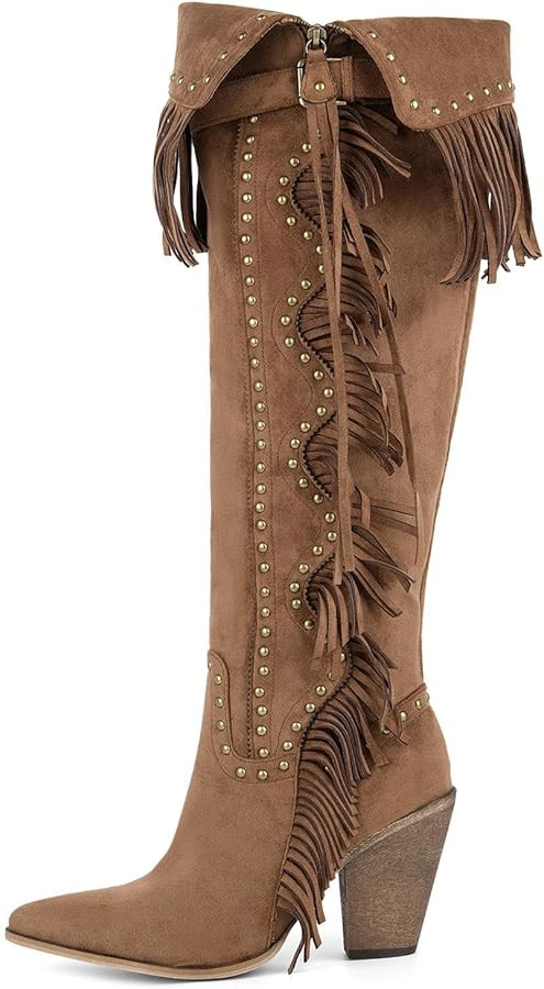 Studded Fringe Boots for Women Knee High Boho Western Boots | Amazon (US)