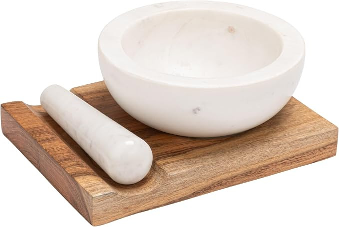 Creative Co-Op Marble Mortar and Pestle with Wood Base, White and Natural Finish | Amazon (US)