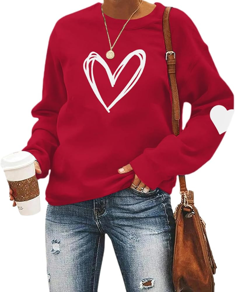 Valentines Day Sweatshirt Women Red Love Heart Graphic Crewneck Long Sleeve Shirts Valentine's Da... | Amazon (US)