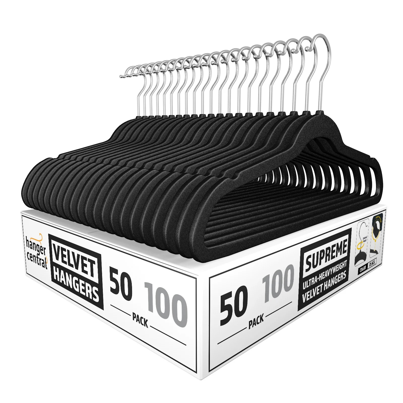 Hanger Central Velvet Heavy Weight Clothing Hanger, 50 Pack, Black | Walmart (US)
