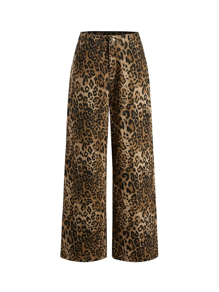 CIDER Denim Mid Waist Leopard Wide Leg Pants | Amazon (US)