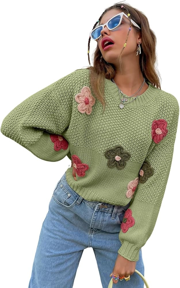 Womens Cropped Sweater Cute Crew Neck Long Sleeve Pullover College Y2K Crocheted Flower Chunky Kn... | Amazon (US)