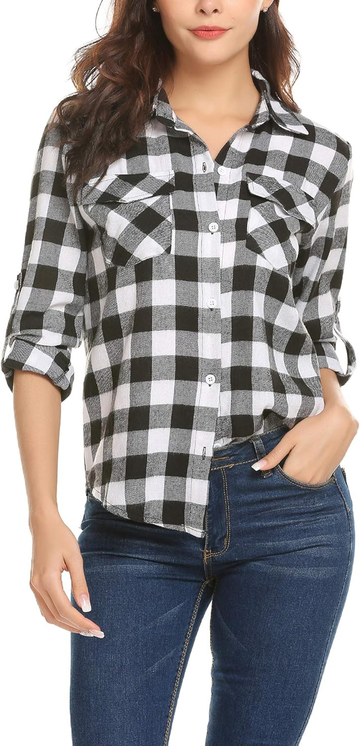 Women's Plaid Button Down Shirt Long Roll up Sleeve Blouse Casual Buffalo Top | Amazon (US)