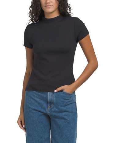 Pima Cotton Blend Short Sleeve Funnel Neck Rib Top | TJ Maxx