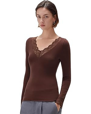 SUUKSESS Cloud Cashmere Women Basic Tops V Boat Neck Lace Long Sleeve Shirt | Amazon (US)