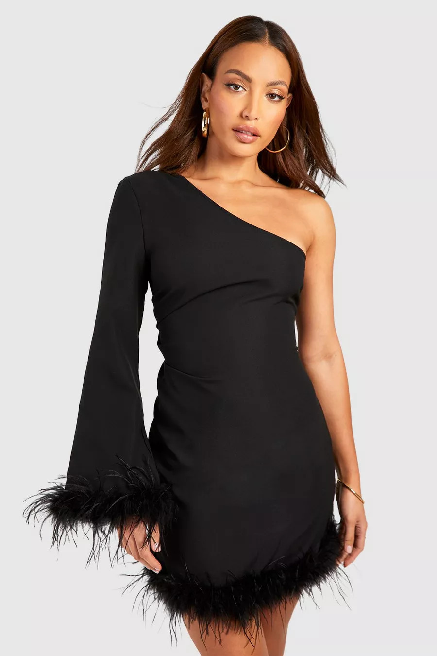 Tall One Shoulder Fluffy Feather Trim Mni Dress | boohoo (US & Canada)
