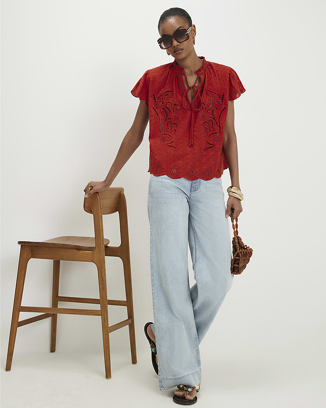 Red Cotton Broderie Tie Neck Blouse | River Island UK & IE
