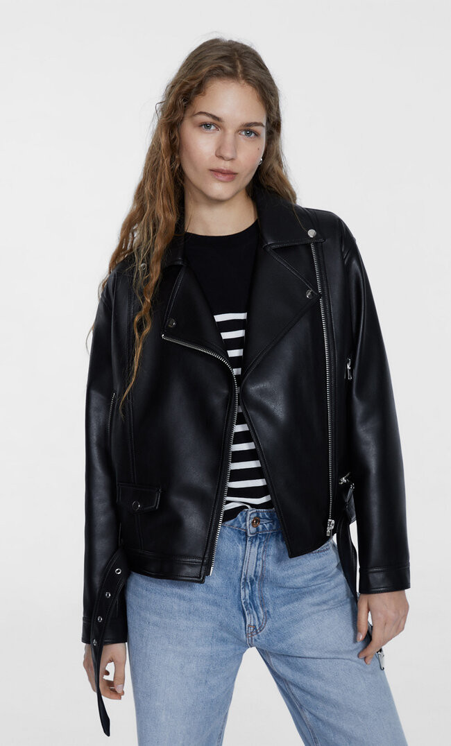 Mid-length faux leather biker jacket - Women's fashion | Stradivarius United Kingdom | Stradivarius (UK)