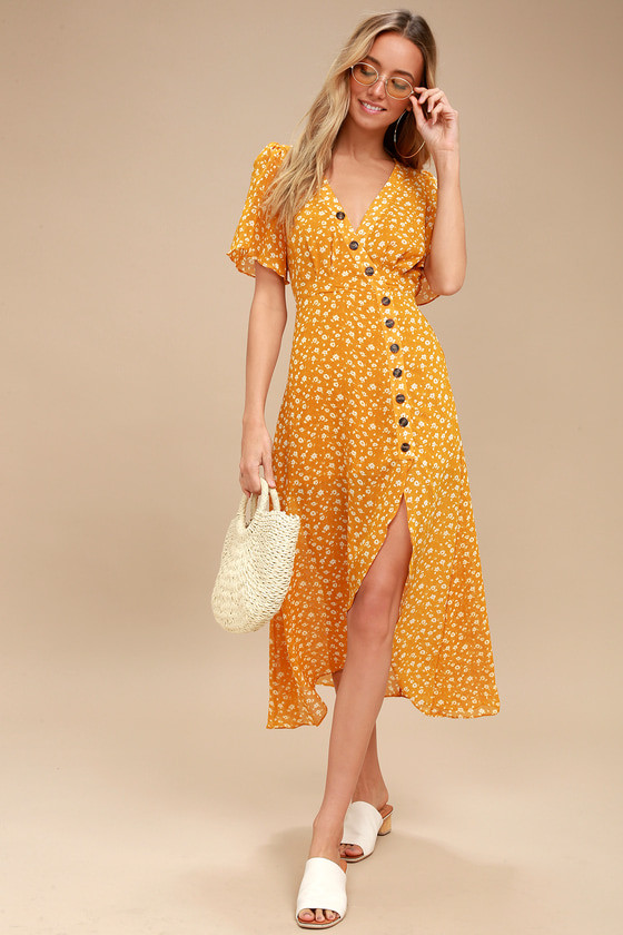 After-Bloom Delight Golden Yellow Floral Print Midi Dress | Lulus (US)