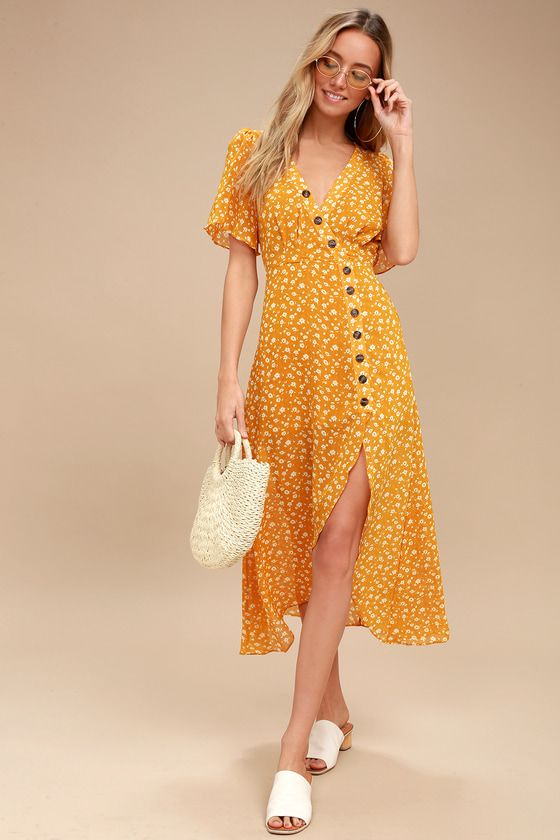 After-Bloom Delight Golden Yellow Floral Print Midi Dress | Lulus (US)