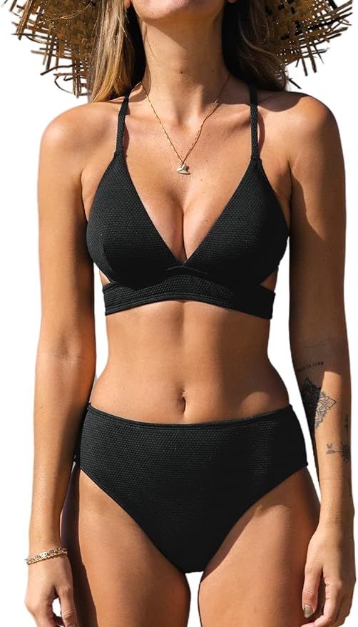 CUPSHE Women Bikini Sets Two Piece Swimsuit Deep V Neck Cutouts Crisscross Back Mid Waisted Botto... | Amazon (US)
