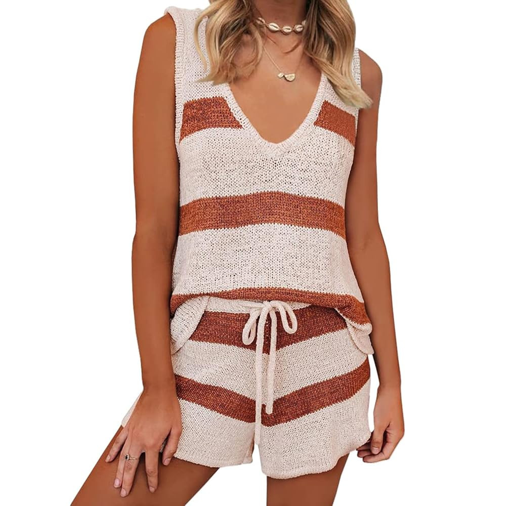 Summer Two Piece Sets for Women Knit Sweater Sets Deep V Neck Sleeveless Tank Top and Drawstring ... | Amazon (US)