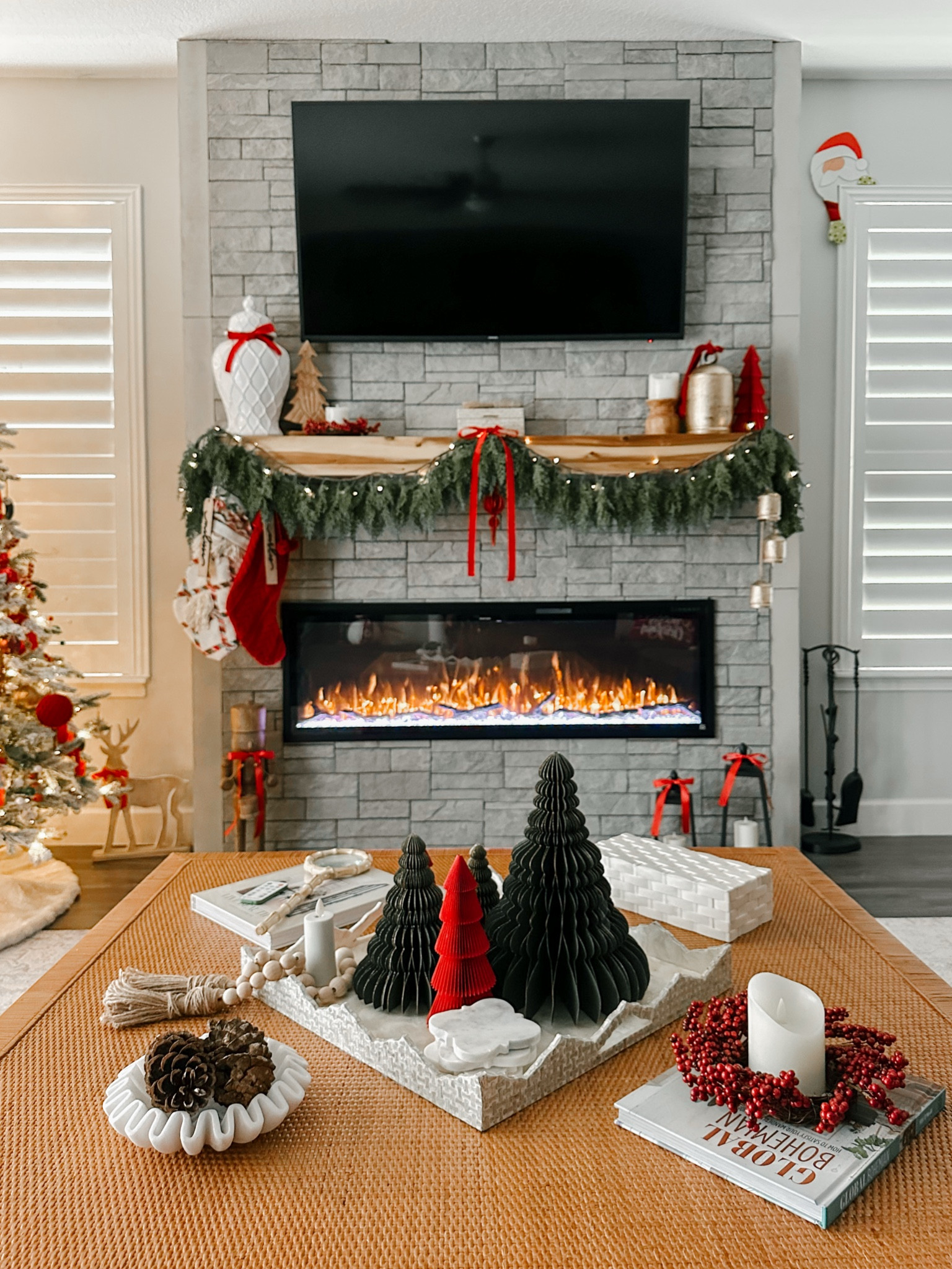 Classic red and green Christmas mantel decor, I don’t like over done garland this year used one cedar garland and green strand lights not the little ones on wire the led smaller bulb then red velvet ribbon, lots of #walmartchristmas #walmartfinds #christmasmantel #cedargarland #christmasideas #Christmasinspiration #holidaydecor #redbows #stockings #goldbells  

#LTKHome #LTKSeasonal #LTKHoliday