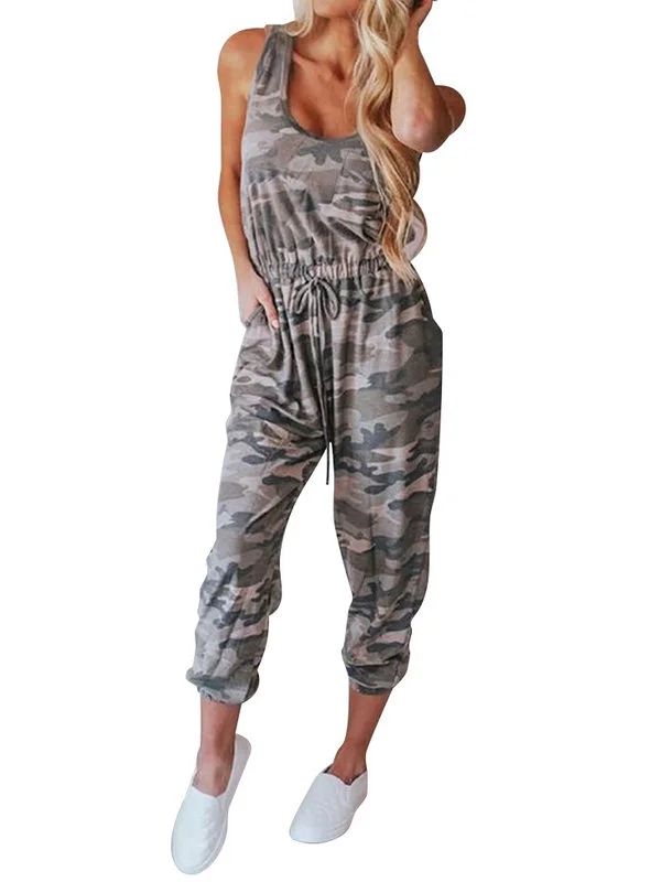 Zdcdcd Women's Elastic Waist Camo Sleeveless Drawstring Jumpsuit | Walmart (US)