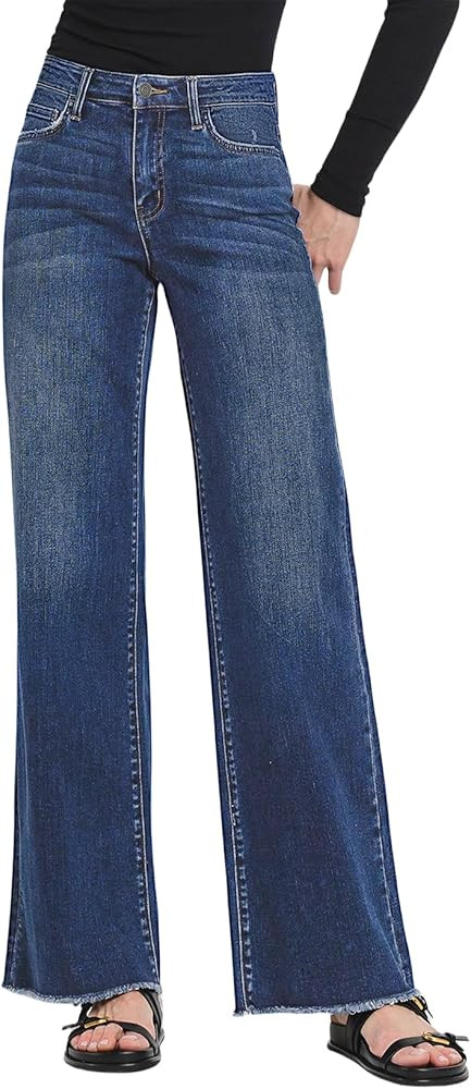 Allimy Women's Straight Leg Flare Jeans High Waisted Strechy Raw Hem Denim Pants | Amazon (US)