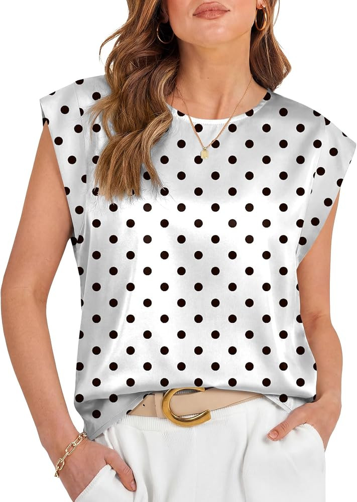 LOMON Womens Silk Satin Tops Summer Cap Sleeve Shirts Dressy Crew Neck Tank Tops Loose Business C... | Amazon (US)
