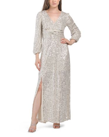 Long Sleeve Twist Front Sequin Gown | TJ Maxx