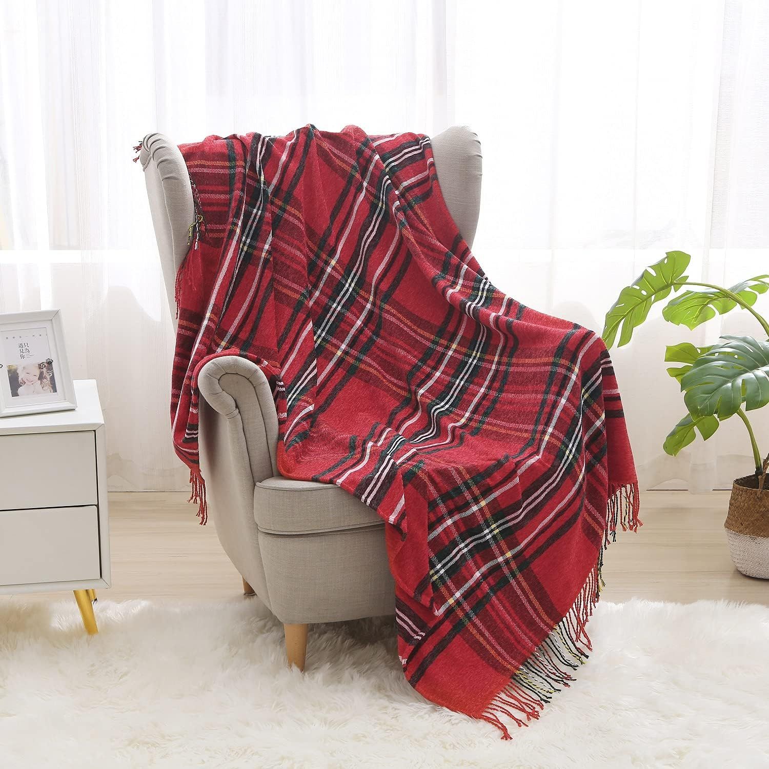 Saukiee Plaid Throw Blanket Red with Tassels 50 x 60 inches Tartan Chenille Throw Fringe for Couc... | Amazon (US)