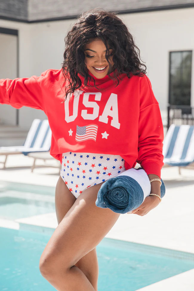 USA Flag Red Oversized Graphic Sweatshirt | Pink Lily