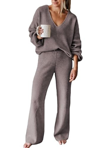 Fixmatti Women Knit Sweater Set Two Piece Outfit Long Sleeve V Neck Top Matching Wide Leg Long Pant Set Purple Grey L | Amazon (US)