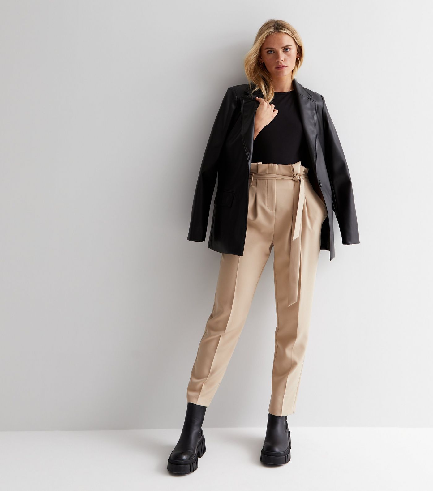 Petite Stone Belted Paperbag Trousers
						
						Add to Saved Items
						Remove from Saved Ite... | New Look (UK)