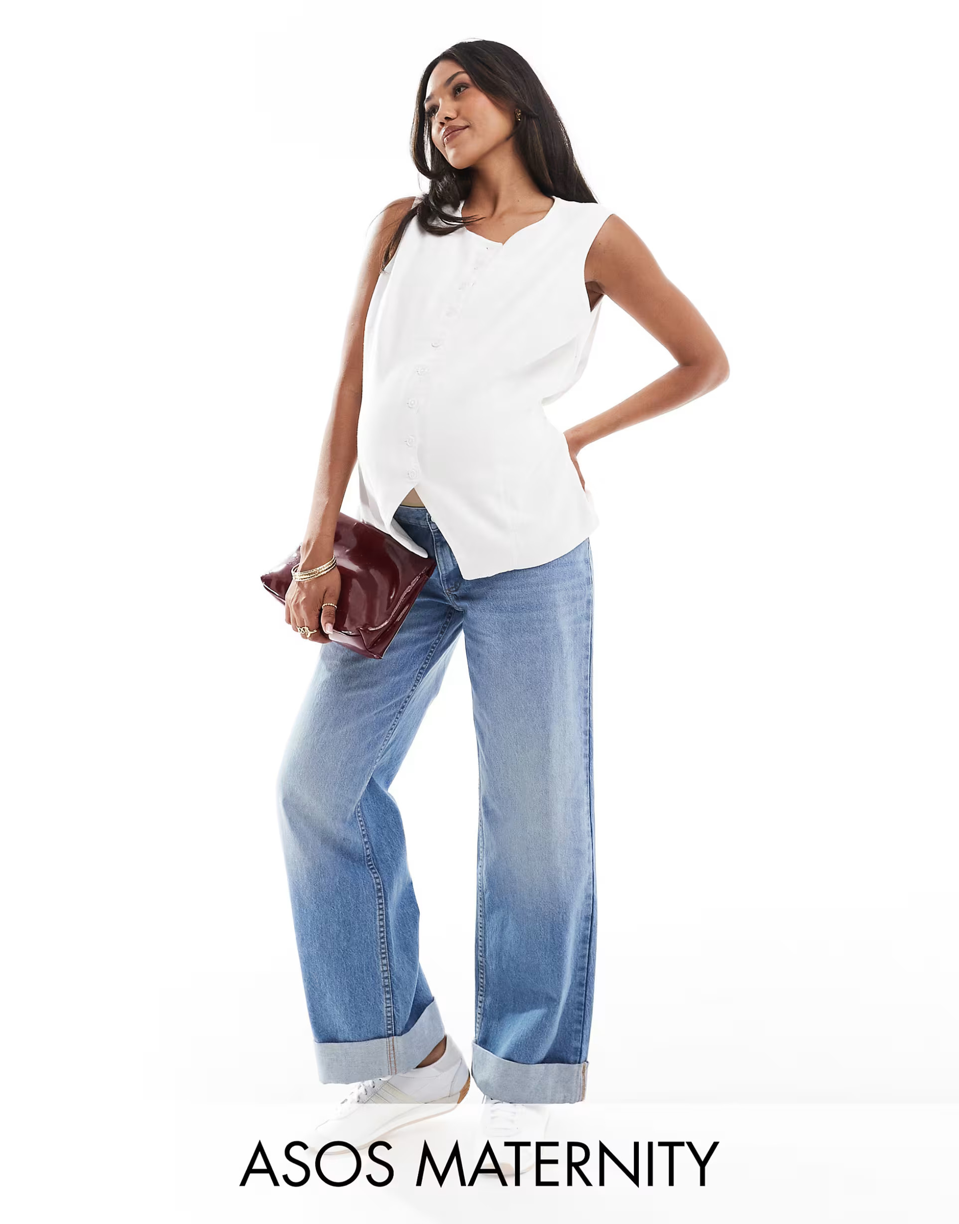 ASOS DESIGN Maternity loose jean with deep turn up cuff in light blue | ASOS (Global)