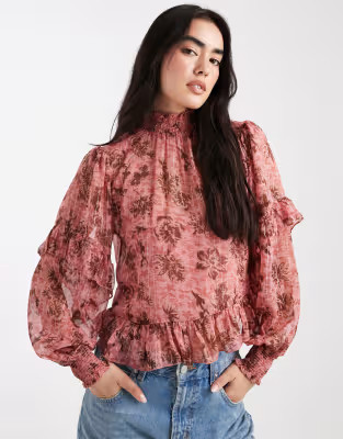 New Look - Blouse met bloemenprint en ruches in roze | ASOS | ASOS (Global)