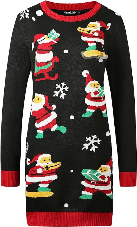 Camii Mia Women's Long Xmas Party Crew Neck Ugly Christmas Sweater Dress | Amazon (US)