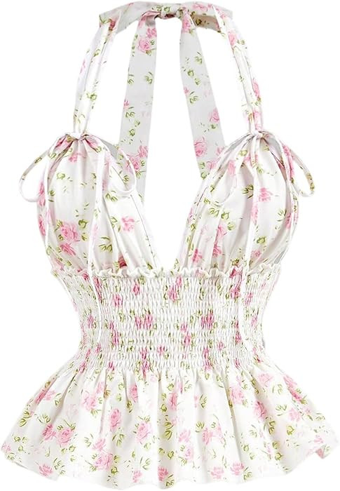 OYOANGLE Women's Floral Print Halter Sleeveless Ruffle Peplum Top Going Out | Amazon (US)