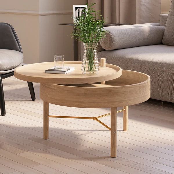 Modern Round Wood Rotating Tray Coffee Table with Storage & Metal Legs in Natural-Homary | Homary