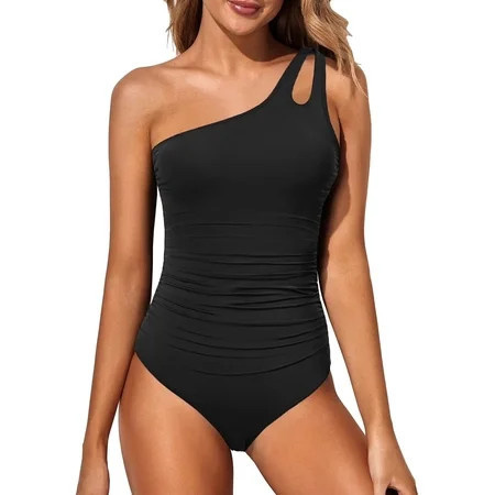 SOMER One Shoulder One Piece Swimsuit for Women Tummy Control Bathing Suits Modest Full Coverage Keyhole Swimwear Black | Walmart (US)