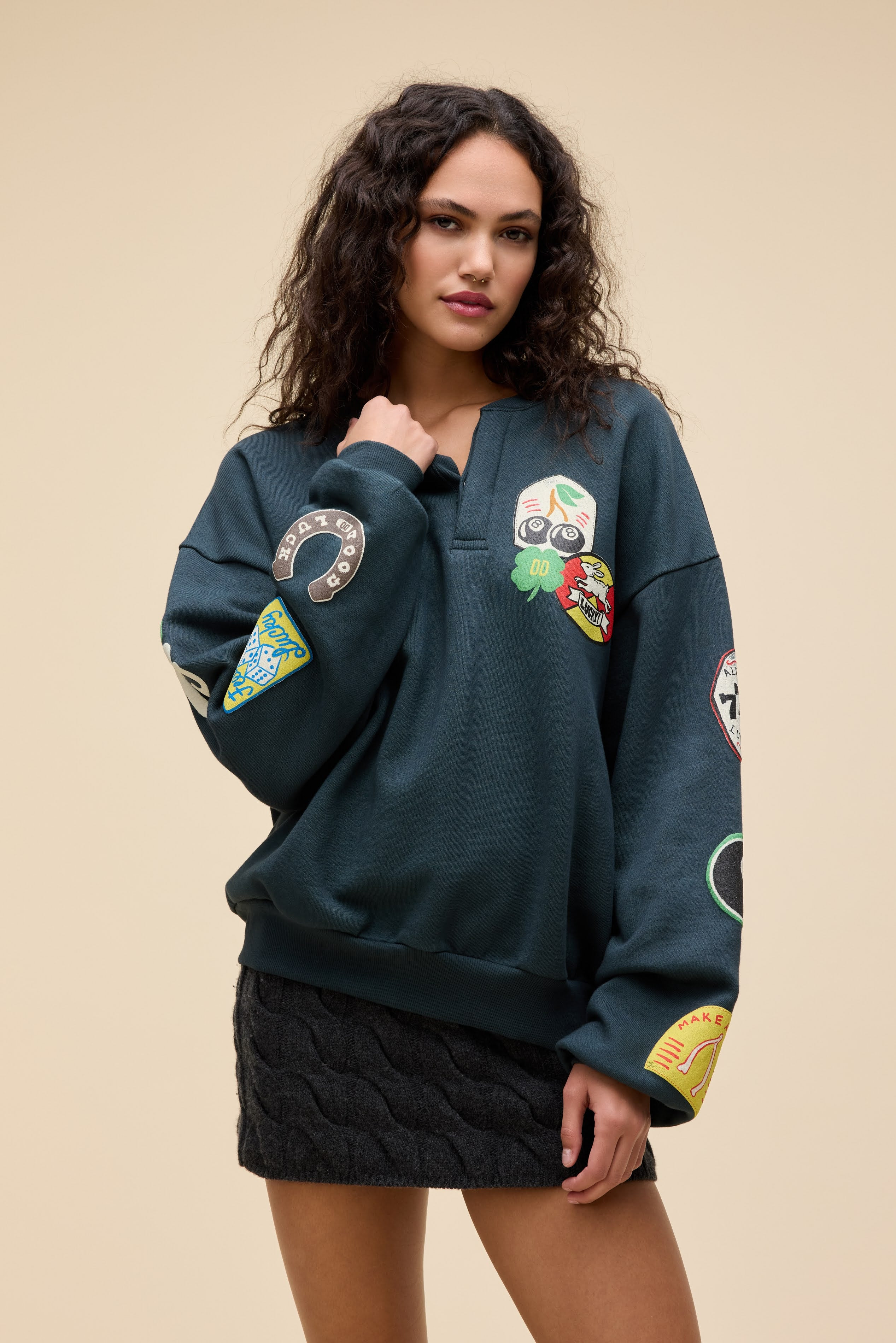 Symbols of Luck Oversized Henley Sweatshirt | Daydreamer