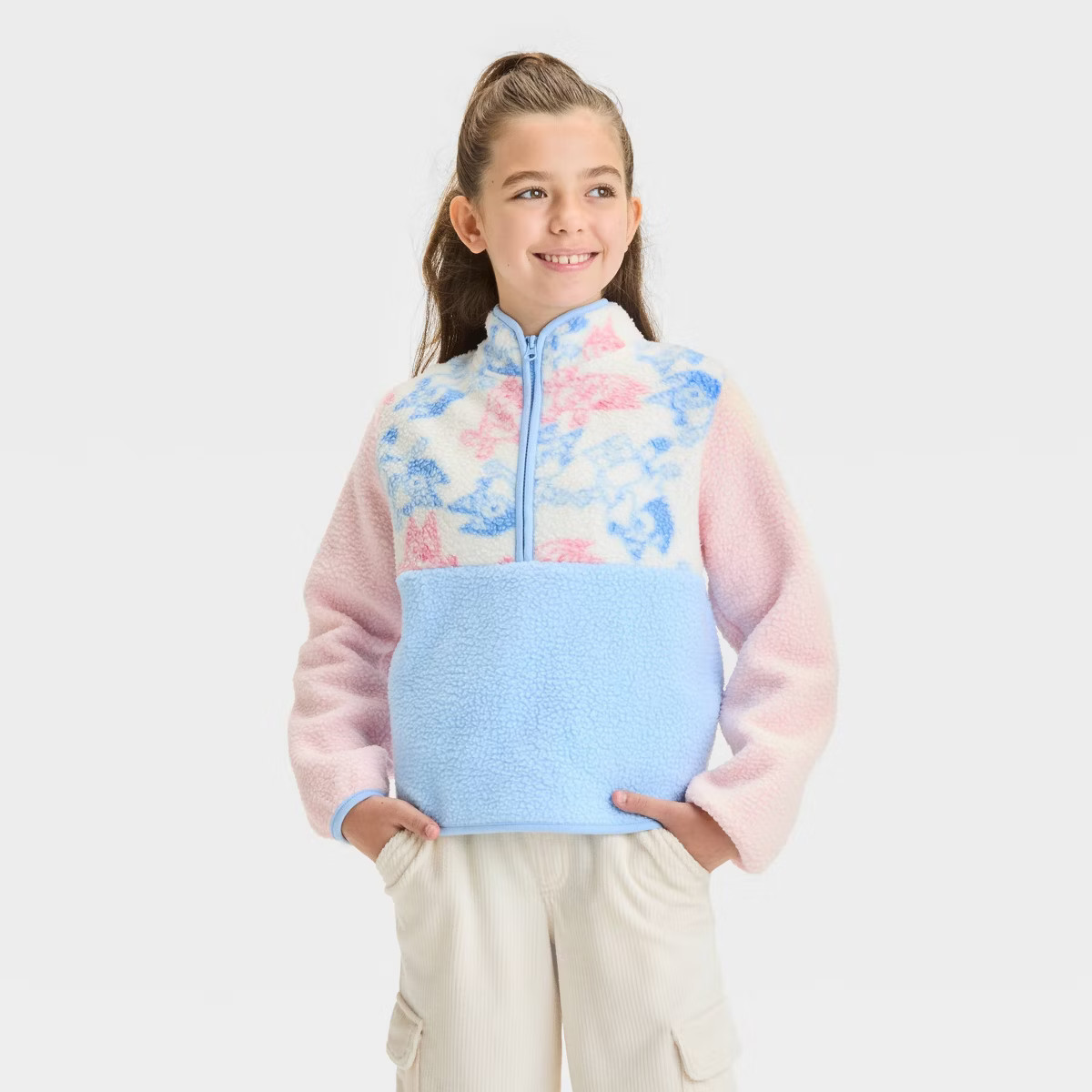 Girls' Bluey Faux Shearling Pullover Sweatshirt - Coral Pink/Light Blue/Ivory | Target