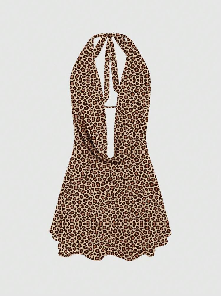 INAWLY Women Leopard Print Draped Halter Backless Sleeveless Mini Dress | SHEIN