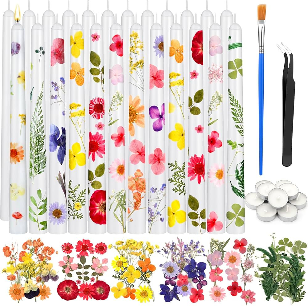 MTLEE 30 Pack Pressed Flower Candles Making Kit 6 Set Dried Pressed Flowers 12 White Taper Candle... | Amazon (US)