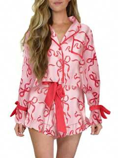 Women Christmas Pajamas Set 2 Pieces Loungewear Suits Bow/Cartoon/Plaid Print Long Sleeve Shirts Tops Shorts Sleepwear Outfits | SHEIN