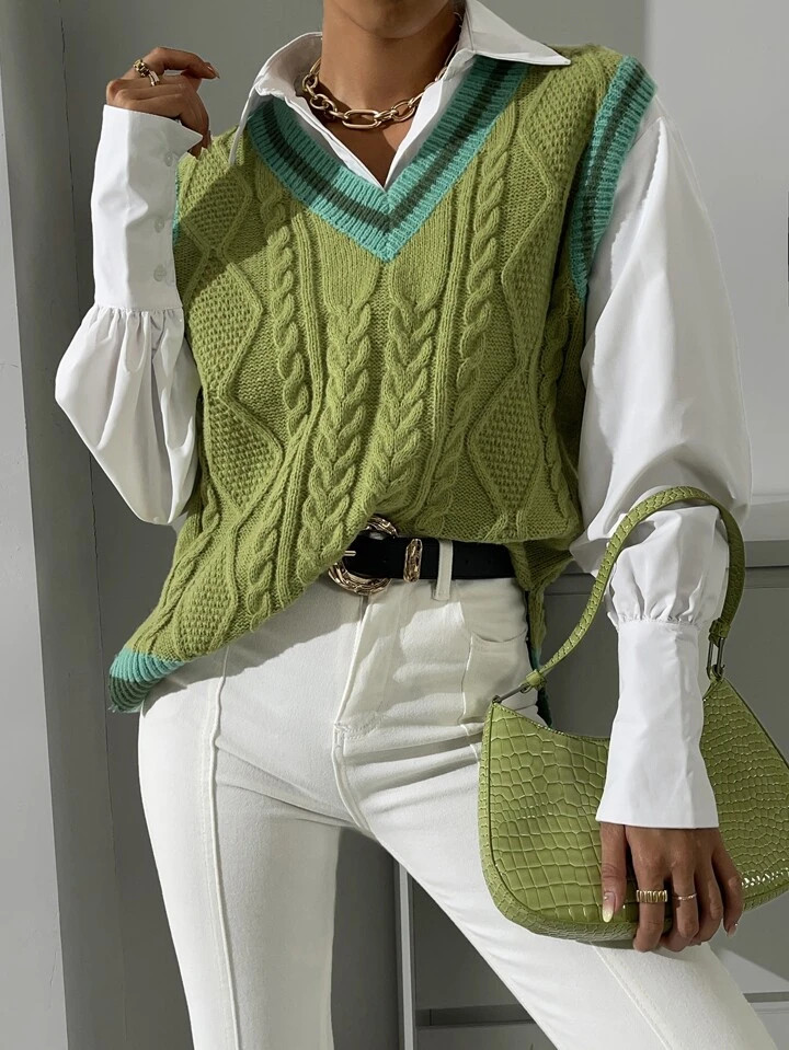 Striped Trim Split Hem Sweater Vest Without Blouse | SHEIN