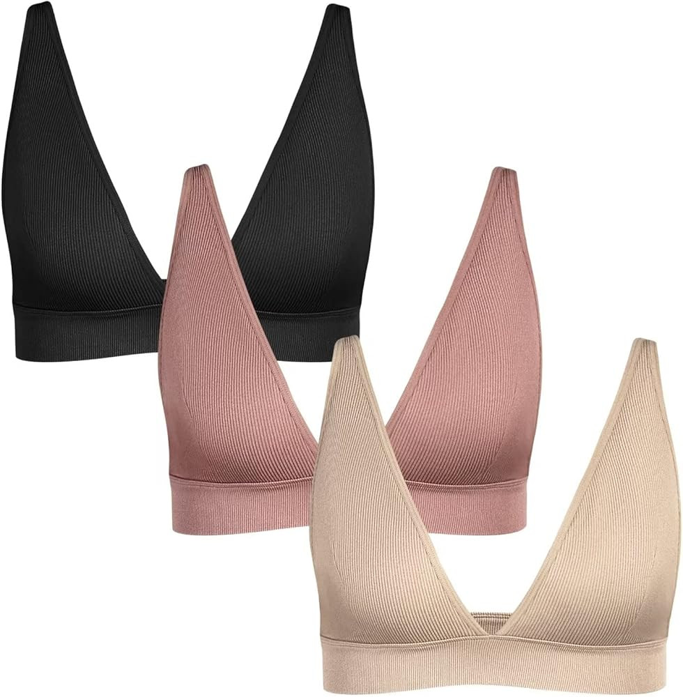 INIBUD Bralette for Women Summer Yoga Sports Ribbed Plunge Cami Bra Seamless V Neck Triangle Comf... | Amazon (US)