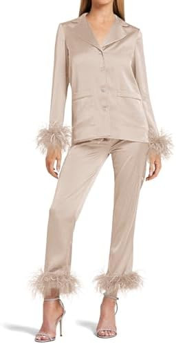 Women's Silk Satin Pajama Set Feather Trim Bridal Long Sleeve Pocketed Lounge Sets Sleepwear | Amazon (US)
